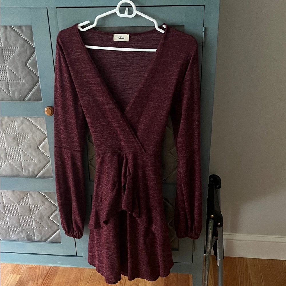 Long Sleeve Burgundy wrap Dress with 2 layer bottom ruffle and back tie bow